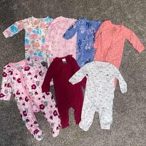 7 piece baby girl footed sleeper onesies and romper bundle lot; Size 3-6 months